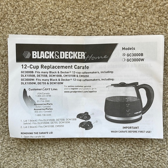 NWOB Replacement BLACK & DECKER Home 12 Cup Glass Coffee Carafe & Lids GC3000B - Picture 7 of 7